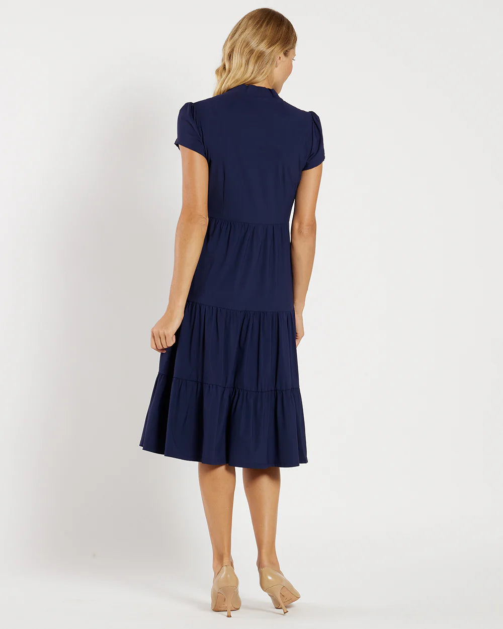 V-Neck Puff Short Sleeve Tiered Flounce Midi Dress