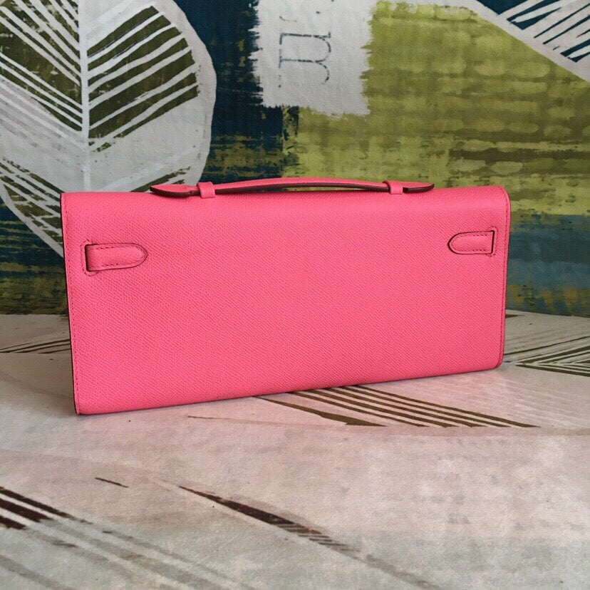 Ready to Ship! Lipstick Pink Leather Elegant Evening Hand Clutch, Chic Daily Matching Accessory with Polished Metal Lock Detail