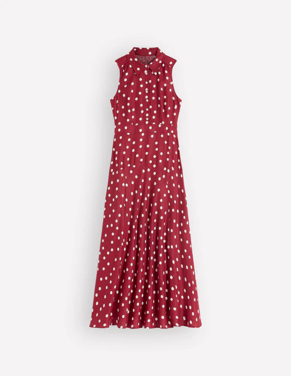 Sleeveless Polka Dot Collared Fit And Flare Maxi Dress