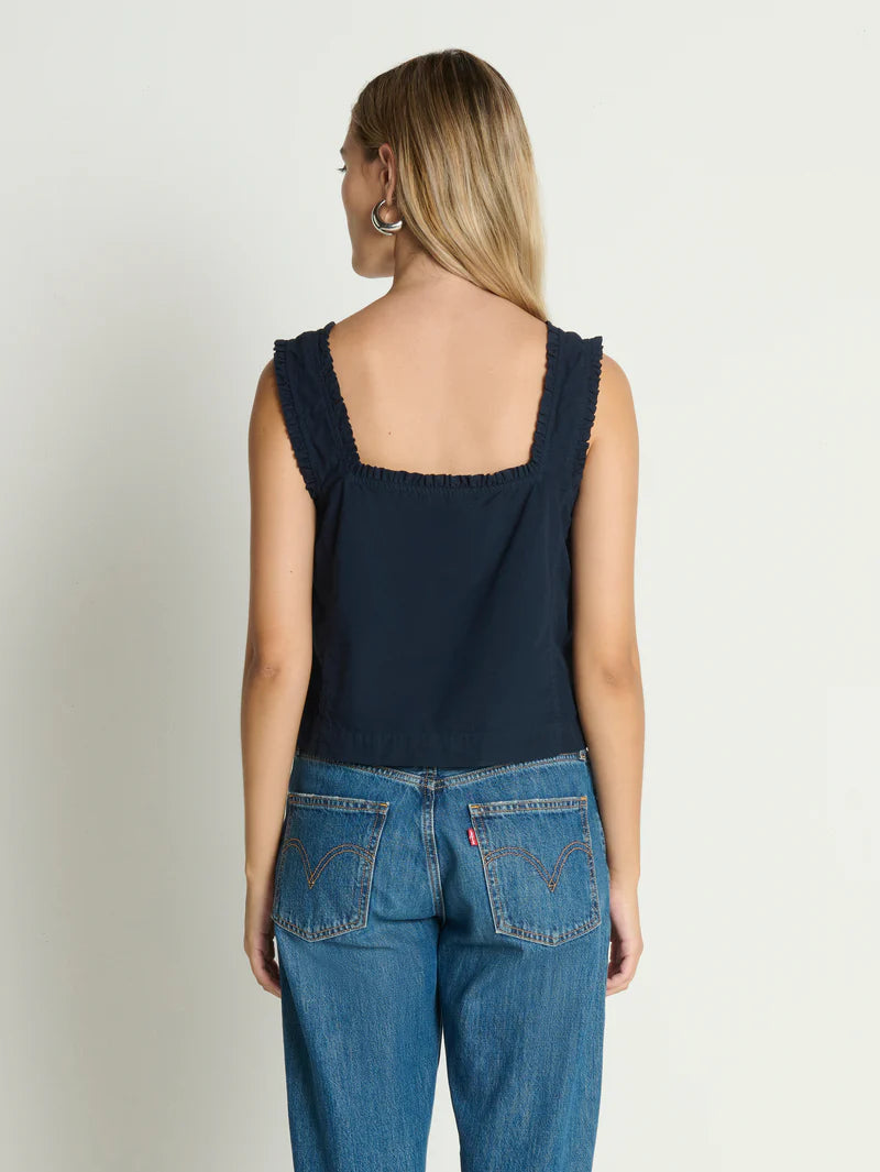 Ruffle Trim Square Neck Boxy Cropped Cotton Poplin Tank Top